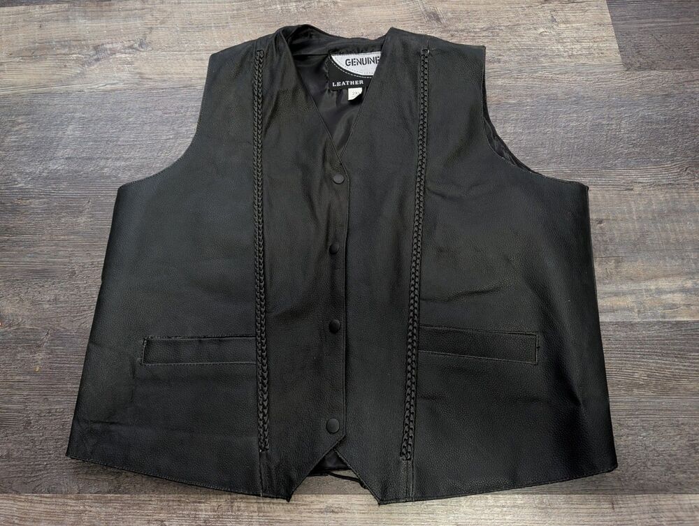 Men’s 2XL Genuine Leather Black Motorcycle Biker Vest Braided Lace-Up Back